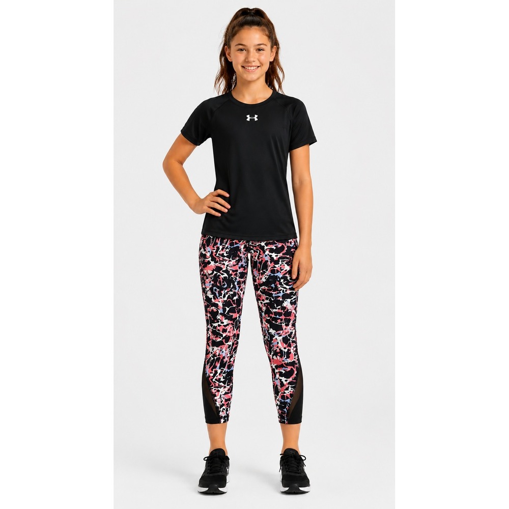 Under Armour Leggings Girls YLG Pink Black Abstract HeatGear Mesh Crop 1362335